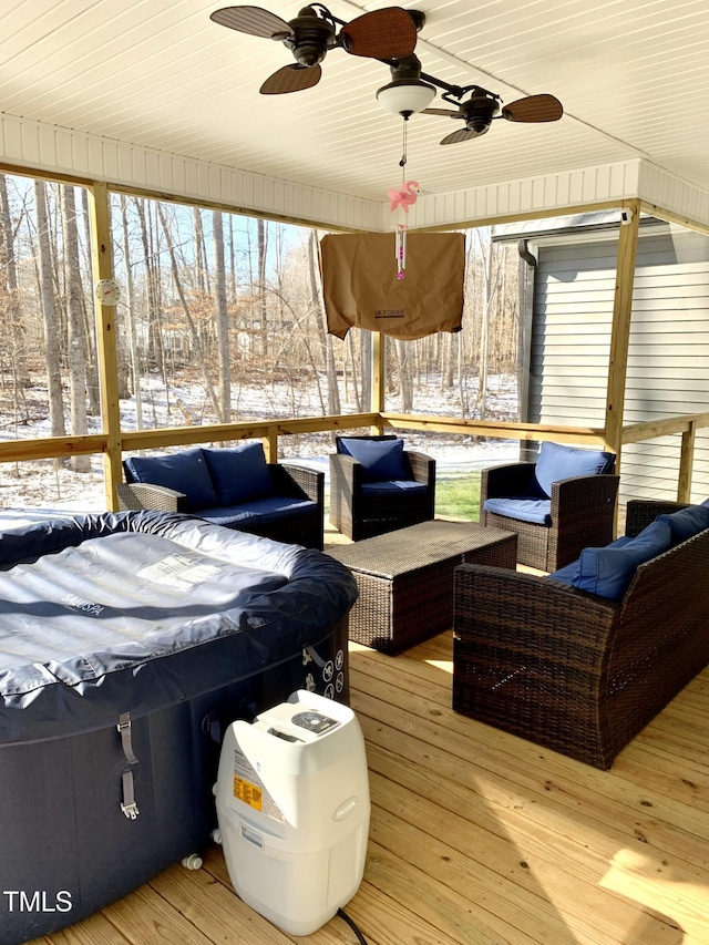 55 Running Deer Path, Timberlake, NC 27583 - deck with an outdoor living space, ceiling fan, and a hot tub