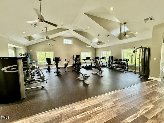 1325 Mackinaw Dr, Wake Forest, NC 27587 - gym with a ceiling fan, healthy amount of natural light, recessed lighting, and high vaulted ceiling