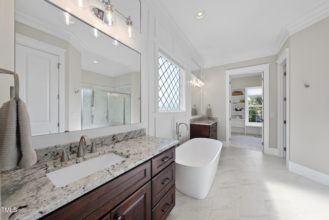 1325 Mackinaw Dr, Wake Forest, NC 27587 - full bathroom featuring a stall shower, vanity, marble look tile flooring, crown molding, and a freestanding tub