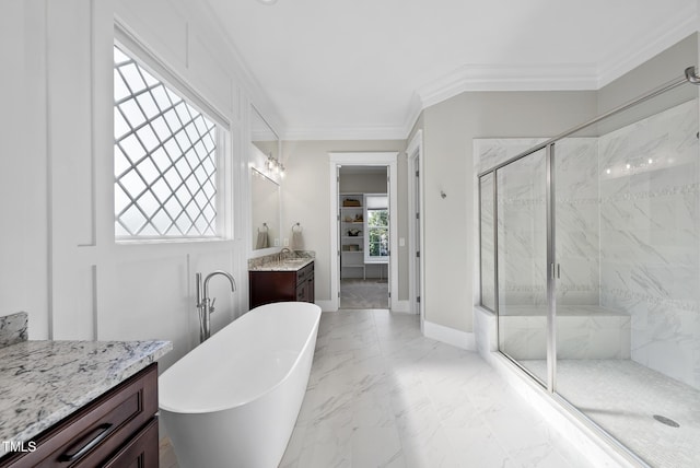 1325 Mackinaw Dr, Wake Forest, NC 27587 - bathroom featuring a marble finish shower, marble finish flooring, vanity, a freestanding bath, and crown molding