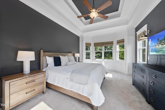 1325 Mackinaw Dr, Wake Forest, NC 27587 - bedroom featuring light carpet, ornamental molding, a raised ceiling, and ceiling fan