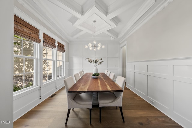 1325 Mackinaw Dr, Wake Forest, NC 27587 - dining area featuring a decorative wall, coffered ceiling, ornamental molding, a chandelier, and beamed ceiling