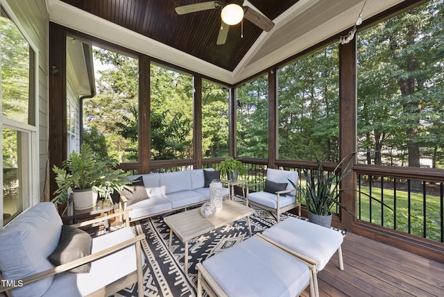 1325 Mackinaw Dr, Wake Forest, NC 27587 - sunroom / solarium featuring ceiling fan, an outdoor living space, and vaulted ceiling