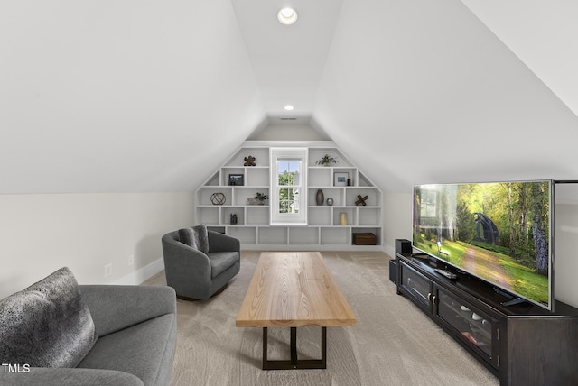 1325 Mackinaw Dr, Wake Forest, NC 27587 - living room featuring light colored carpet, plenty of natural light, lofted ceiling, built in features, and recessed lighting