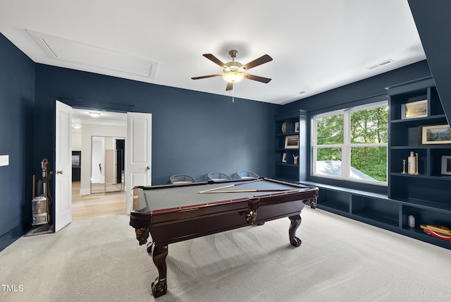 1325 Mackinaw Dr, Wake Forest, NC 27587 - rec room featuring attic access, a ceiling fan, carpet flooring, and billiards table