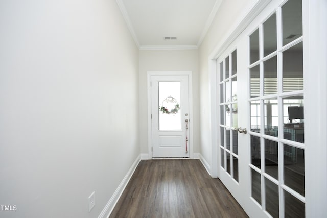 200 Sweet Violet Dr, Youngsville, NC 27596 - doorway to outside featuring crown molding, french doors, and dark wood-type flooring
