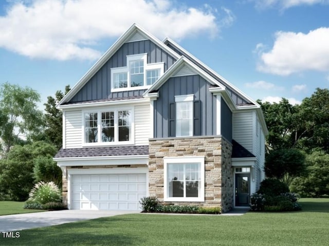 2388 Picual Way Lot 30, New Hill, NC 27562 - craftsman-style home with board and batten siding, stone siding, a front lawn, a garage, and concrete driveway
