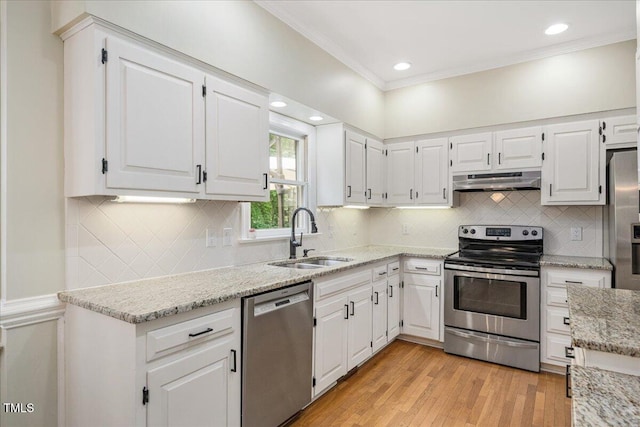 2008 Corberrie Ln, Raleigh, NC 27613 - kitchen with appliances with stainless steel finishes, under cabinet range hood, white cabinetry, light stone countertops, and ornamental molding
