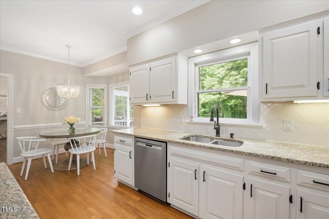 2008 Corberrie Ln, Raleigh, NC 27613 - kitchen featuring dishwasher, ornamental molding, white cabinetry, light wood-type flooring, and plenty of natural light