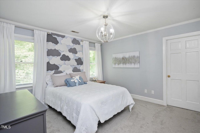2008 Corberrie Ln, Raleigh, NC 27613 - carpeted bedroom with ornamental molding, a chandelier, and multiple windows