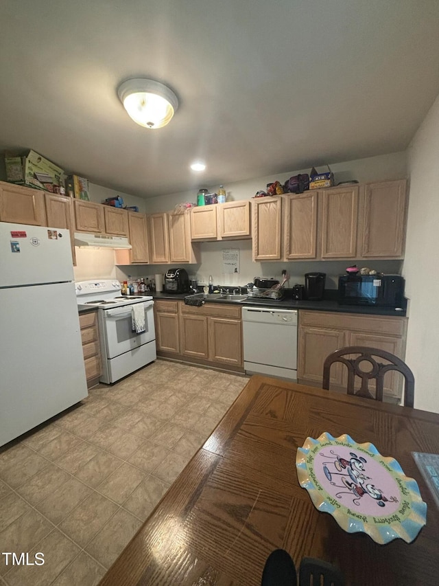 71 Red Ln, Raleigh, NC 27606 - kitchen featuring white appliances, under cabinet range hood, dark countertops, and light brown cabinets