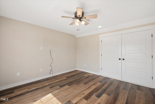 513 Brooks St, Wake Forest, NC 27587 - unfurnished bedroom with dark wood-style floors, recessed lighting, a closet, and ceiling fan