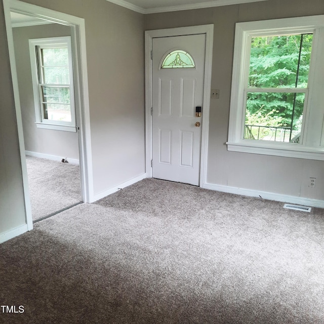 4112 Forrest Ave, Efland, NC 27243 - entryway with carpet, crown molding, and healthy amount of natural light