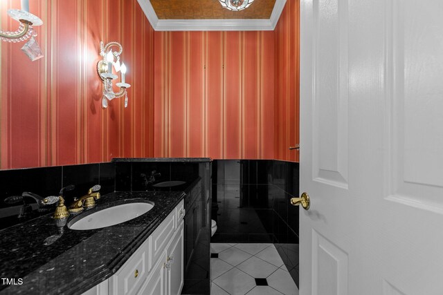 4315 Sugar Pine Ln, Durham, NC 27705 - bathroom featuring vanity, crown molding, and tile patterned flooring