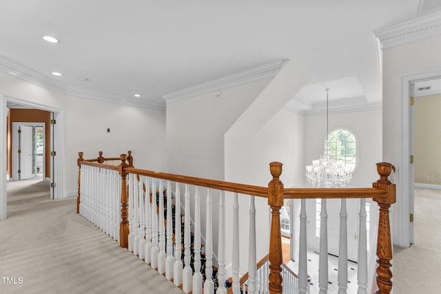 4315 Sugar Pine Ln, Durham, NC 27705 - hall featuring an upstairs landing, light colored carpet, crown molding, a chandelier, and recessed lighting
