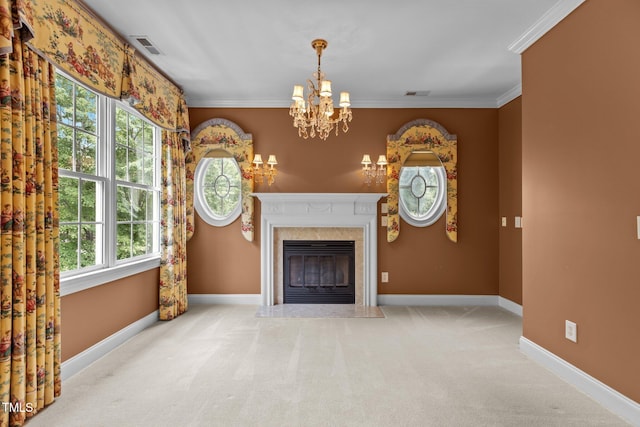 4315 Sugar Pine Ln, Durham, NC 27705 - unfurnished living room with plenty of natural light, carpet floors, a chandelier, and ornamental molding