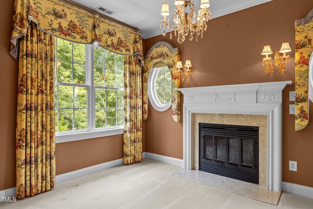 4315 Sugar Pine Ln, Durham, NC 27705 - unfurnished living room featuring a chandelier, crown molding, a premium fireplace, and carpet