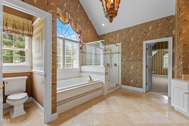 4315 Sugar Pine Ln, Durham, NC 27705 - bathroom with wallpapered walls, a garden tub, a shower stall, vaulted ceiling, and a chandelier