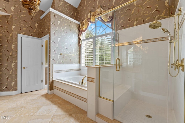 4315 Sugar Pine Ln, Durham, NC 27705 - bathroom featuring wallpapered walls, a shower stall, a garden tub, plenty of natural light, and tile patterned floors