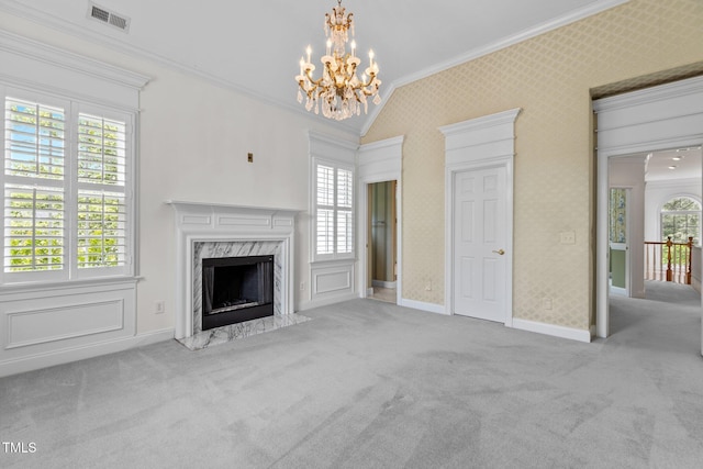 4315 Sugar Pine Ln, Durham, NC 27705 - unfurnished living room featuring ornamental molding, carpet flooring, a chandelier, plenty of natural light, and lofted ceiling