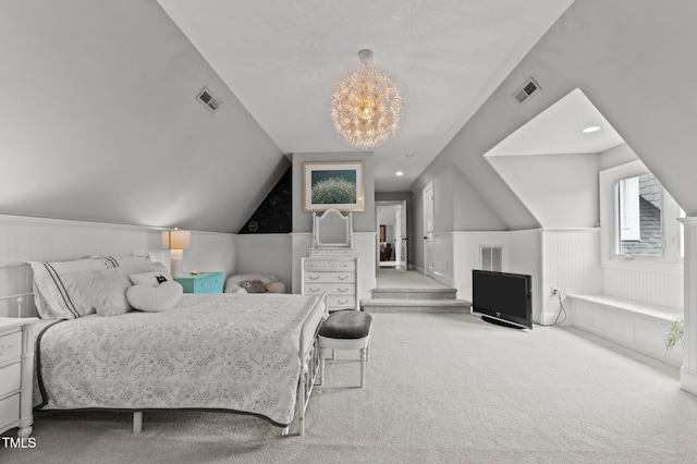 763 Heritage Arbor Dr, Wake Forest, NC 27587 - bedroom featuring carpet flooring, vaulted ceiling, and wainscoting