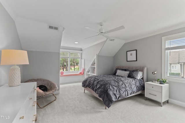 763 Heritage Arbor Dr, Wake Forest, NC 27587 - bedroom with light carpet, multiple windows, lofted ceiling, crown molding, and ceiling fan