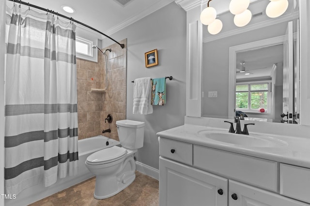 763 Heritage Arbor Dr, Wake Forest, NC 27587 - bathroom with crown molding, shower / tub combo with curtain, vanity, and healthy amount of natural light