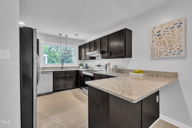 3205 Dell Dr, Raleigh, NC 27609 - kitchen featuring stainless steel appliances, under cabinet range hood, a peninsula, light wood finished floors, and pendant lighting