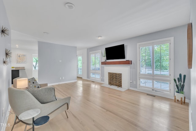 3205 Dell Dr, Raleigh, NC 27609 - living room featuring plenty of natural light, light wood-style floors, and a fireplace with flush hearth