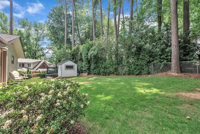3205 Dell Dr, Raleigh, NC 27609 - fenced backyard featuring a shed, a trampoline, and view of wooded area