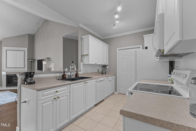 3159 Wisteria Ln Unit 202, Fayetteville, NC 28314 - kitchen with white appliances, white cabinets, ornamental molding, light countertops, and light tile patterned floors