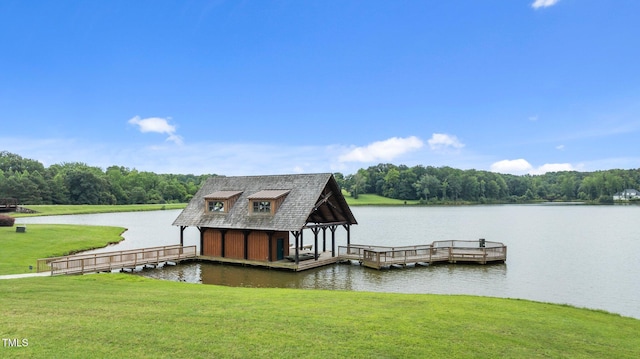 310 Hidden Lake Dr, Youngsville, NC 27596 - dock featuring a water view, a lawn, and a wooded view
