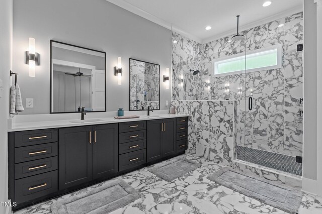 310 Hidden Lake Dr, Youngsville, NC 27596 - full bathroom with marble look tile flooring, a marble finish shower, double vanity, a ceiling fan, and recessed lighting