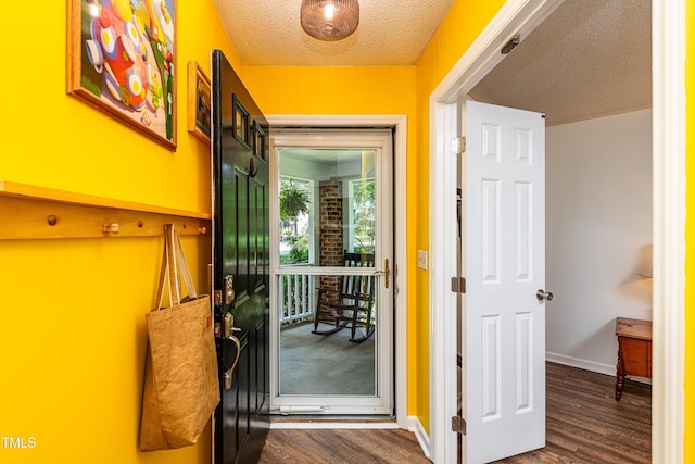 3616 Culater Ct, Raleigh, NC 27616 - doorway to outside featuring dark wood-style flooring and a textured ceiling