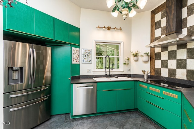 3616 Culater Ct, Raleigh, NC 27616 - kitchen with stainless steel appliances, wall chimney exhaust hood, dark countertops, and decorative backsplash