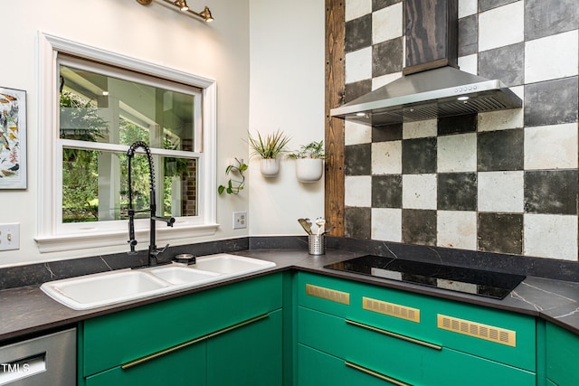 3616 Culater Ct, Raleigh, NC 27616 - kitchen featuring wall chimney range hood, dishwasher, black electric stovetop, dark countertops, and backsplash