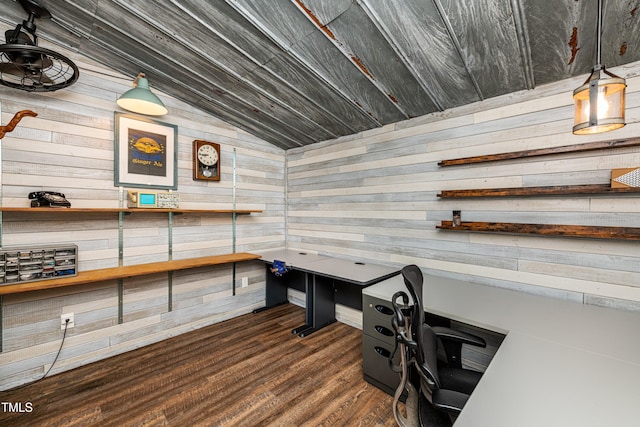 3616 Culater Ct, Raleigh, NC 27616 - office area with wood walls, lofted ceiling, and dark wood-type flooring
