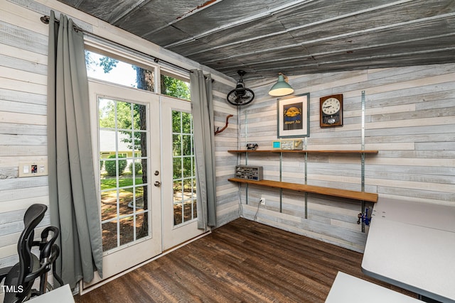 3616 Culater Ct, Raleigh, NC 27616 - doorway with wooden walls, french doors, and dark wood-style flooring