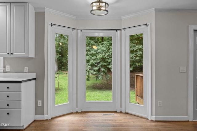 6001 Waters Way Dr, Raleigh, NC 27606 - doorway featuring wood finished floors, healthy amount of natural light, and crown molding