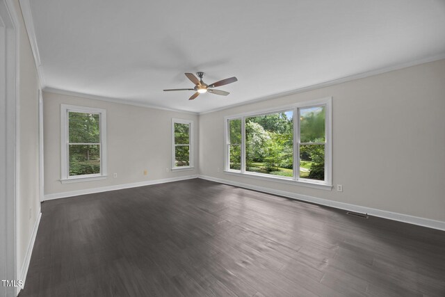 6001 Waters Way Dr, Raleigh, NC 27606 - empty room featuring ornamental molding, ceiling fan, and dark wood-type flooring