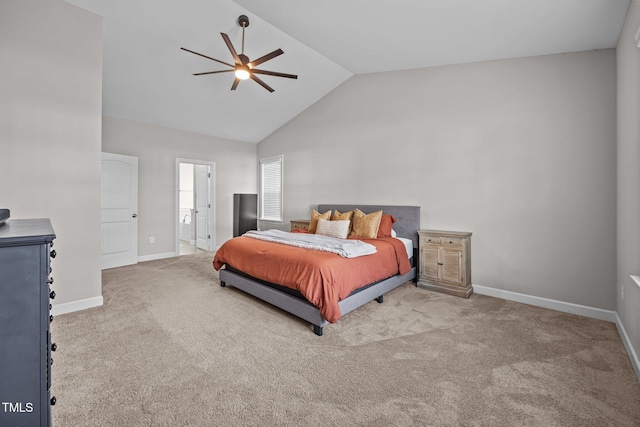 244 Lasswade Ct, Zebulon, NC 27597 - carpeted bedroom with connected bathroom, ceiling fan, and high vaulted ceiling