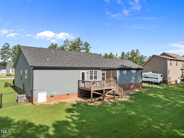 244 Lasswade Ct, Zebulon, NC 27597 - back of property featuring a deck, crawl space, a fenced backyard, roof with shingles, and stairs