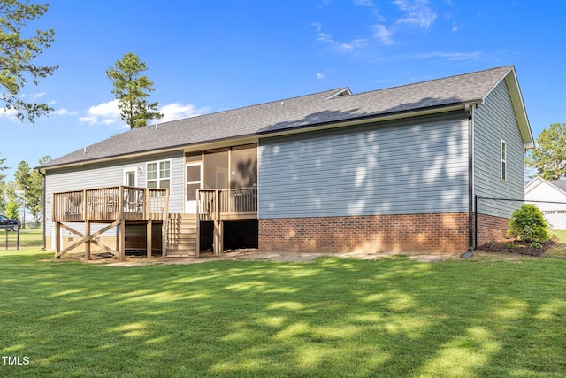 244 Lasswade Ct, Zebulon, NC 27597 - back of property featuring a wooden deck, a yard, stairs, and a sunroom
