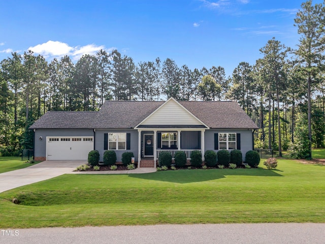 244 Lasswade Ct, Zebulon, NC 27597 - ranch-style house with a porch, a garage, concrete driveway, and a front yard