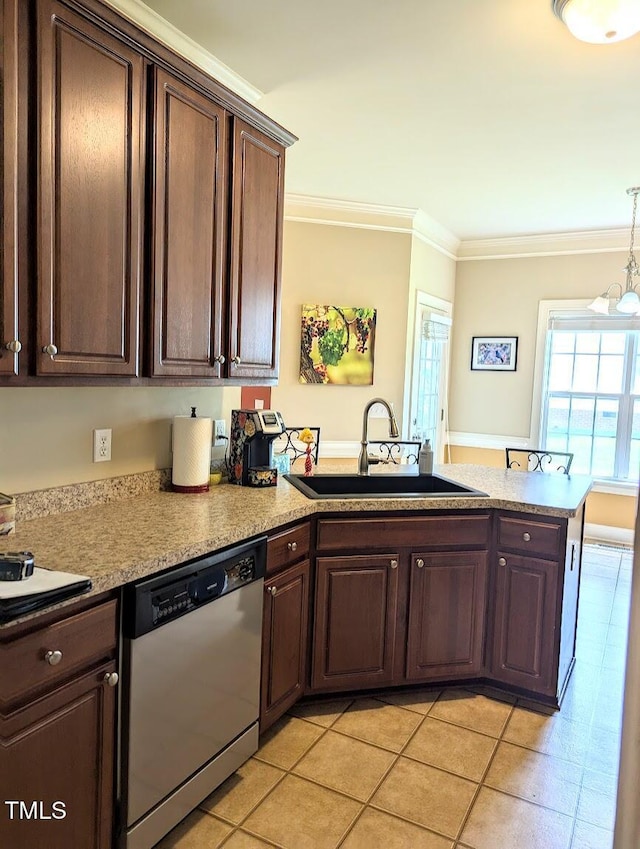 70 Dexterfield Dr, Fuquay Varina, NC 27526 - kitchen with stainless steel dishwasher, a peninsula, ornamental molding, light tile patterned floors, and dark brown cabinets