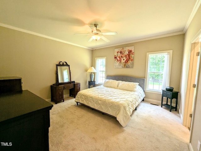 70 Dexterfield Dr, Fuquay Varina, NC 27526 - bedroom featuring multiple windows, light carpet, ornamental molding, and ceiling fan
