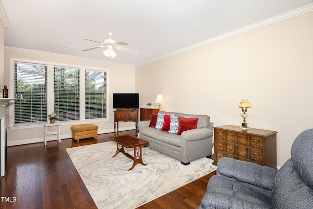 7250 NC-751 Hwy, Durham, NC 27707 - living room featuring ceiling fan, dark wood finished floors, and crown molding