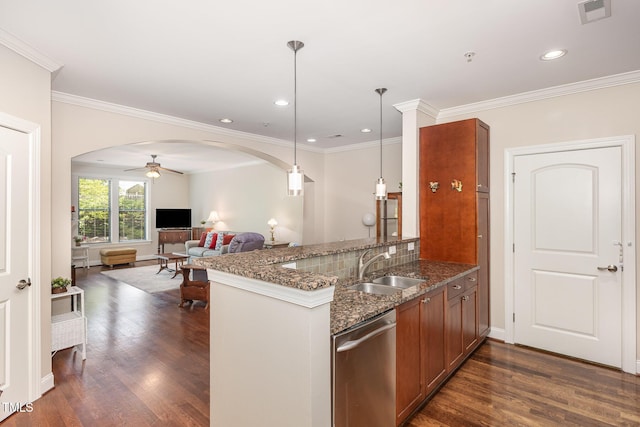 7250 NC-751 Hwy, Durham, NC 27707 - kitchen featuring dishwasher, arched walkways, brown cabinets, dark wood finished floors, and recessed lighting