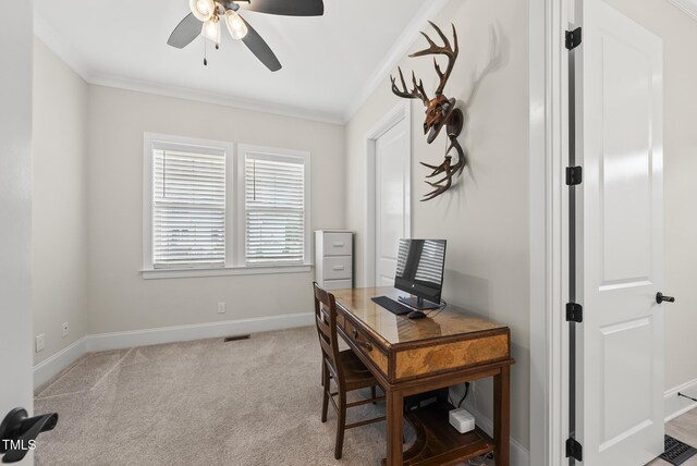 3829 Sleepy Brook Ln, Apex, NC 27539 - carpeted home office featuring crown molding and a ceiling fan