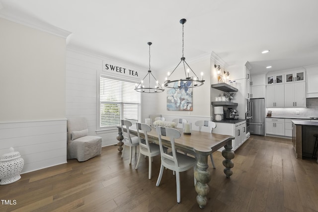 3829 Sleepy Brook Ln, Apex, NC 27539 - dining space with a chandelier, crown molding, recessed lighting, and dark wood-style flooring